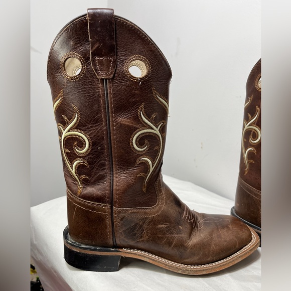 Old West Kids Leather Square Toe Cowboy Boots Sz 3 Western Country South - Picture 4 of 14